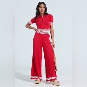 NWT Akira Red/White Wide Leg Striped Ribbed High Waisted Relaxed Pants Medium